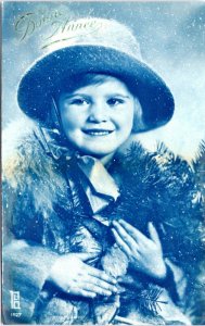 Postcard Bonne Annee - New Year - Child in hat - blue tint photo