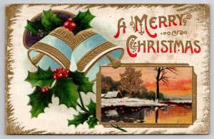 Merry Christmas Golden Bells Snow Covered Cabin by Lake 1910 Postcard K45
