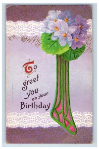 Circa 1910 Birthday Tall Flower Purple Vintage Postcard P108E