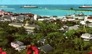 Vintage Postcard 1960s Nassau Bahamas City Harbor Ships Skyline