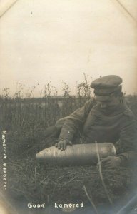 c1910 RPPC WW1 Soldier Giant Artillery Shell La Bassee #2 Vintage Postcard P113