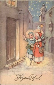 Christmas Joyeuse Noel Little Girl Angels Outside Door Vintage Postcard