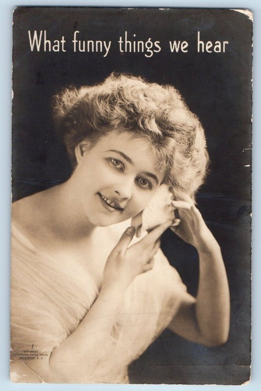 Pretty Woman Postcard RPPC Photo Seashell What Funny Things We Hear c1910's