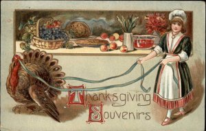 Thanksgiving Young Girl with Turkey on Lead Leash c1910 Vintage Postcard