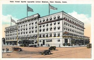 NEW HAVEN, CT Connecticut  NEW HOTEL GARDE & Street View~Cars  c1920's Postcard