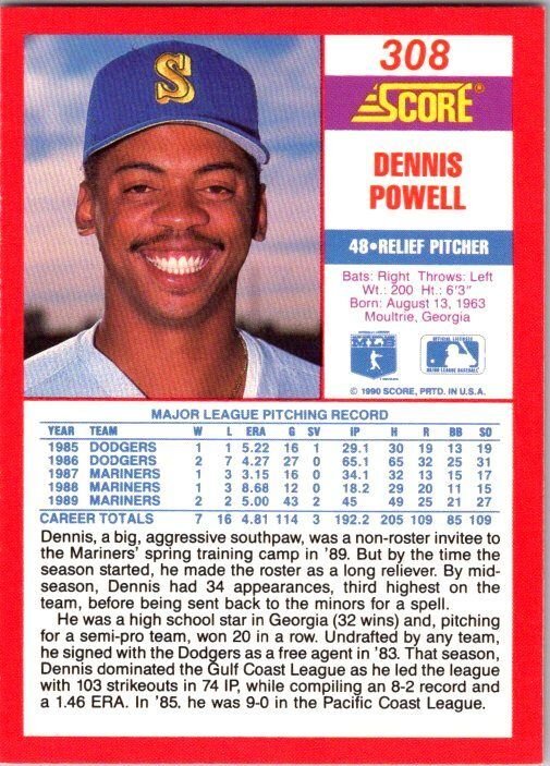 1990 Score Baseball Card Dennis Powell Seattle Mariners sk2668