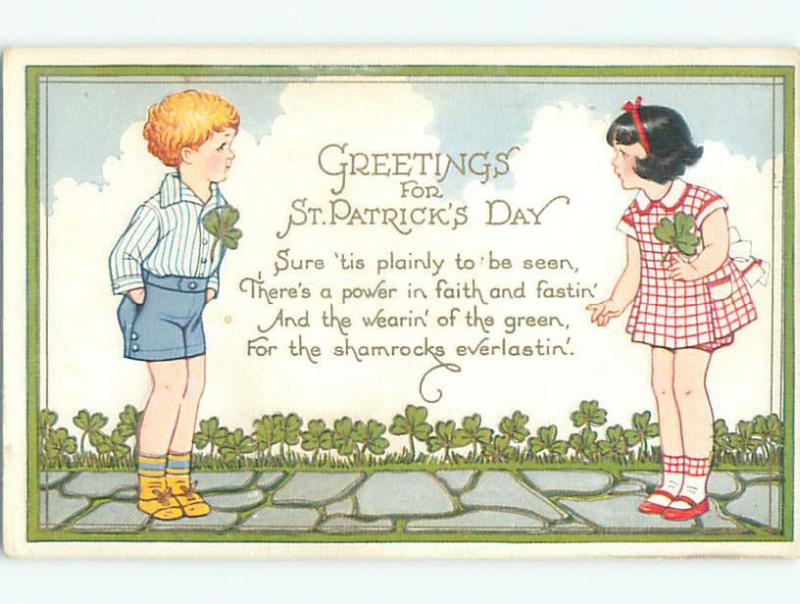 Unused Pre-Linen st. patrick GIRL AND BOY BOTH WEAR SHAMROCKS ON CLOTHING J3917