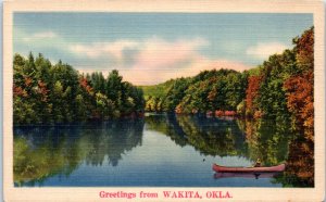 1940s Greetings from Wakita OK Fisherman in Boat Linen Postcard