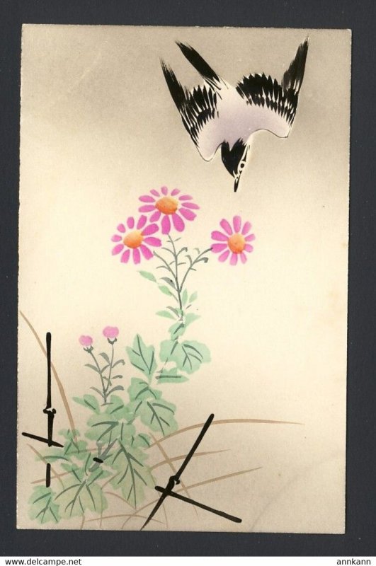 Hand painted black white bird in flight, gliding for landing, flowers - Japan