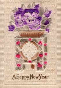 German Clock Craft Pink Flowers Unique Antique Silk 3D Timepiece Postcard