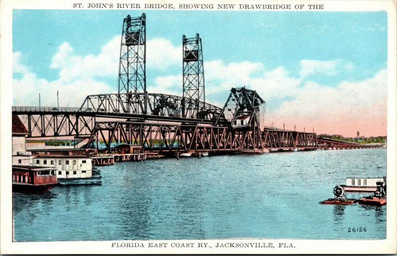 Vtg 1920s St Johns River Bridge Drawbridge Jacksonville Florida FL Postcard