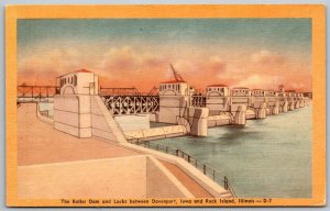 Davenport IA and Rock Island IL 40s postcard roller Dam and locks