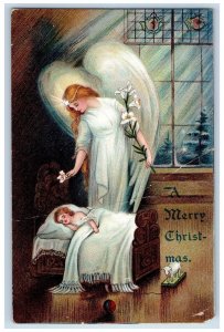 1908 Christmas Girl Sleeping Angel White Lily Flowers Dundee IL Antique Postcard 