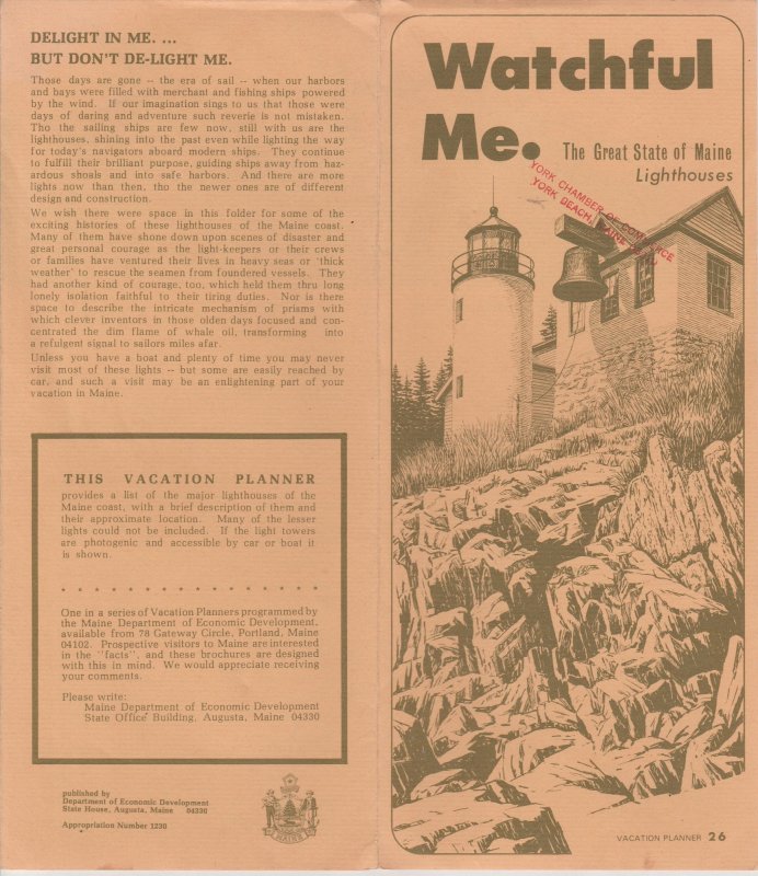 Maine Lighthouses Vintage Brochure, Watchful Me. Detailed Lighthouse Information