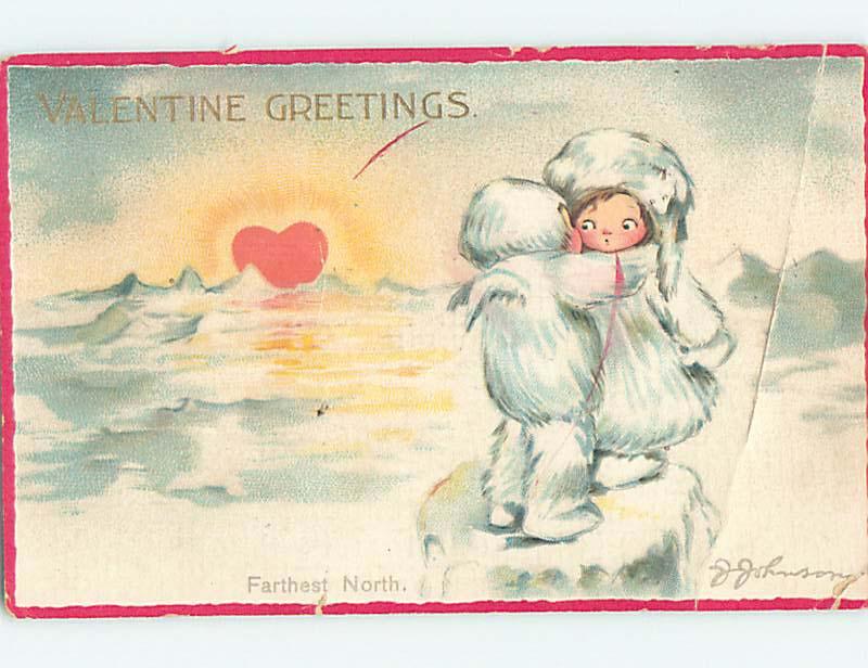 Bent Pre-Linen valentine signed BOY HUGS CUTE GIRL AT THE NORTH POLE HJ2289