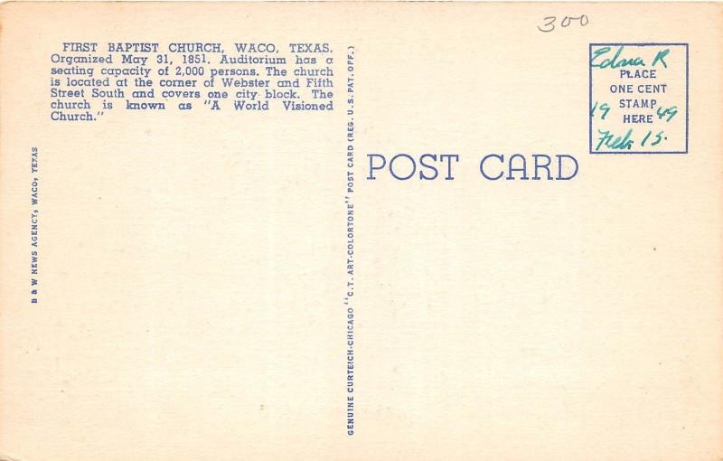 C3/ Waco Texas Tx Postcard 1949 First Baptist Church Building