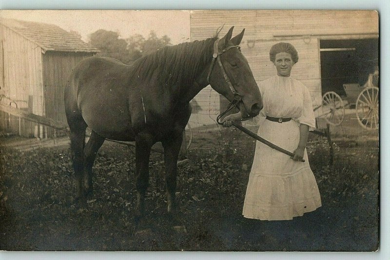 c1904-18 Rppc Young Lady And Colt Postcard Horse Photo Real Farm