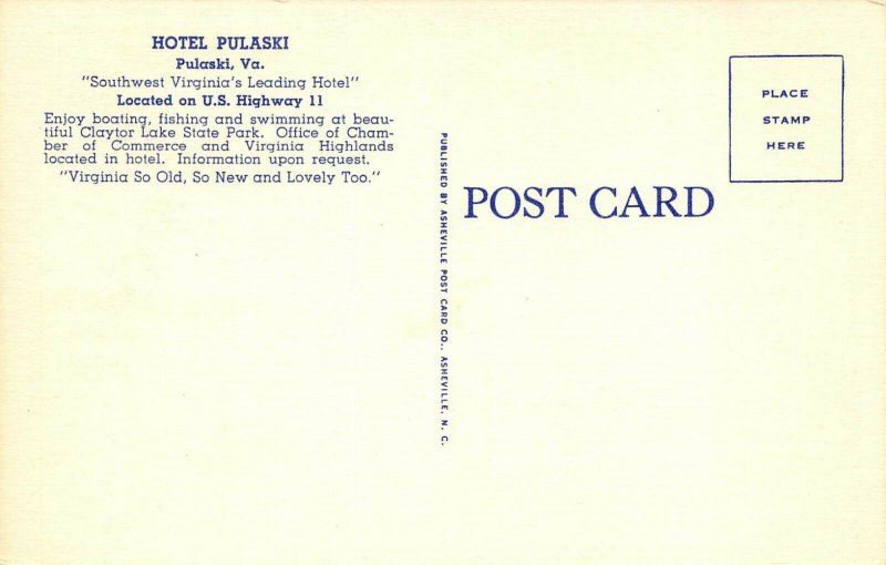 LP51 Hotel Pulaski    Virginia Postcard
