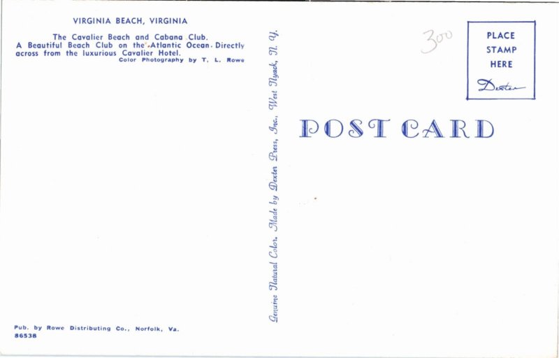 Postcard VA Virginia Beach Cavalier Beach & Cabana Club Classic Cars 1950s S113