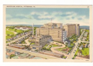 Montefiore Hospital, Pittsburgh, Pennsylvania Vintage Linen Aerial View Postcard
