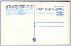 Vintage Postcard Entrance Library Columbia University Building New York City NY