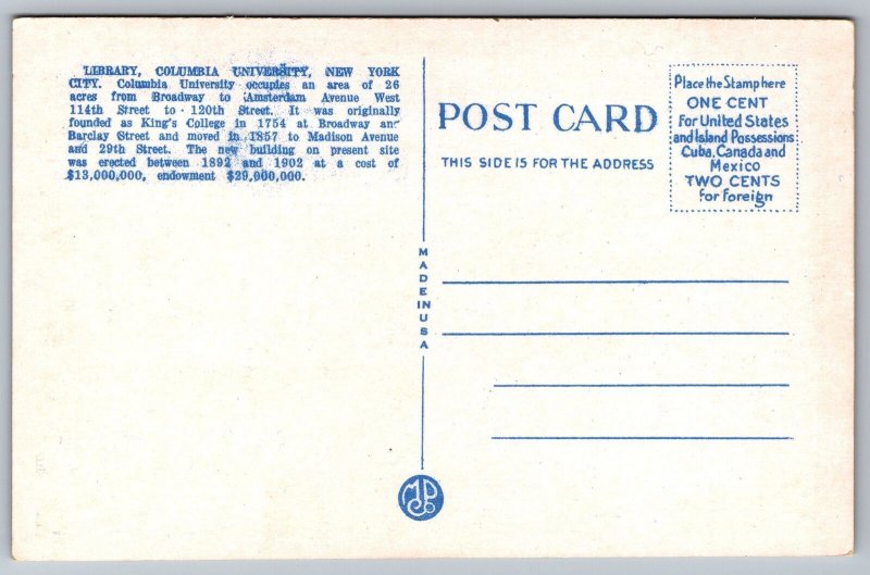 Vintage Postcard Entrance Library Columbia University Building New York City NY