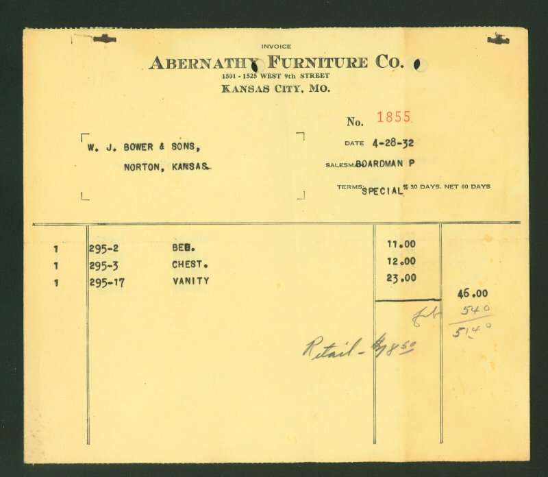 Abernathy Furniture Co. Kansas City Mo. Vintage 4-28-32 Invoice 