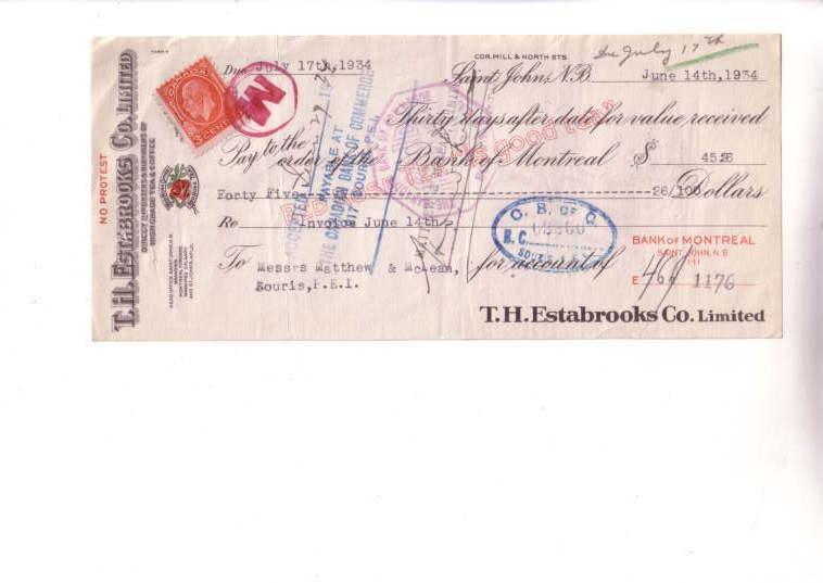 1934 Estabrooks, Red Rose Tea, Cheque w Stamp, Saint John '3