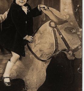 1927 RPPC Brother & Sister Rucker on Wooden Donkey Jackass Real Photo Postcard