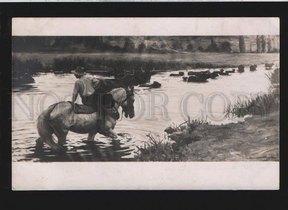 077794 Rural man on HORSE by ANDRE MARCHAND vintage PC