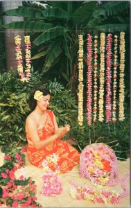 Postcard Hawaiian Woman Stringing lei