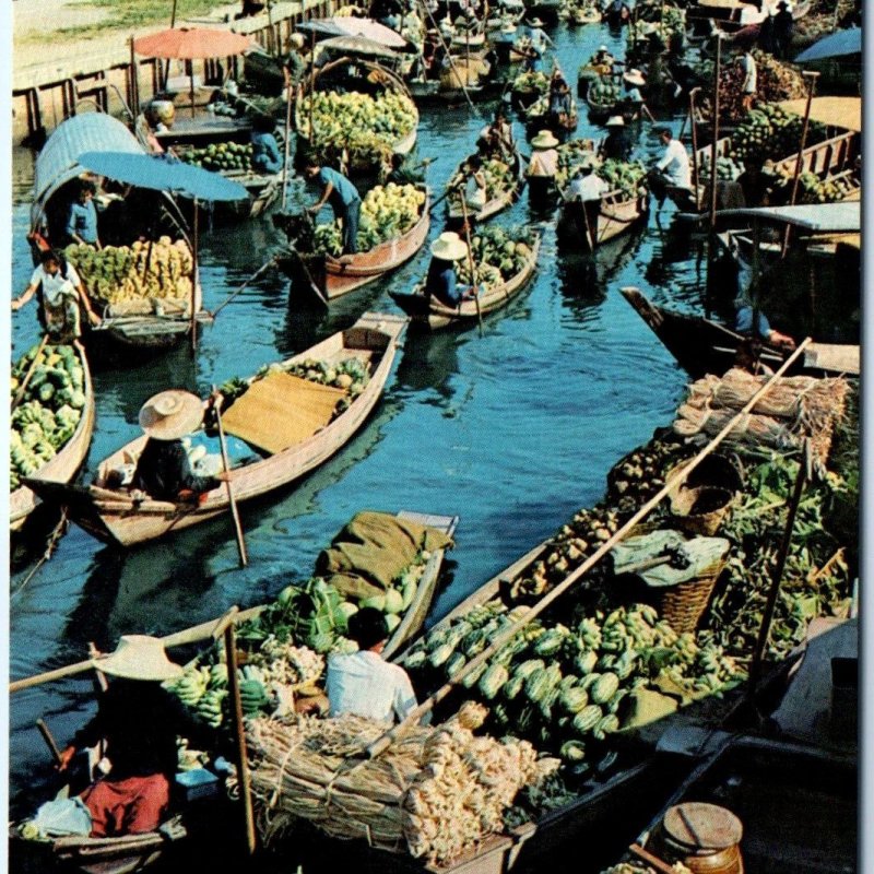 c1960s Bangkok Floating Market Klong Mahanak Chrome Photo Postcard Boat Food A66