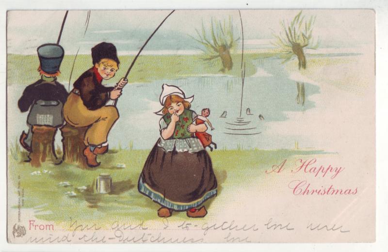 P1000 1905 card fishing christmas dutch dressed boys and girl w/doll