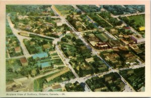 Postcard ON Sudbury Aerial View of the City Downtown Churches 1940s K62