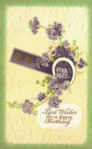 Vintage Postcard 1910's Best Wishes for a Happy Birthday Horseshoe & Flowers