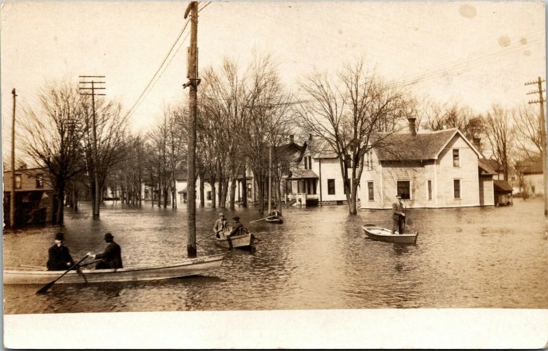 Vtg Three Rivers Michigan MI Flood Disaster Flint Avenue RPPC 1908 Postcard