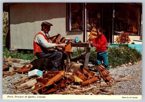 Old Boat Builder & Child Making Wooden Models, Perce Quebec Canada Postcard