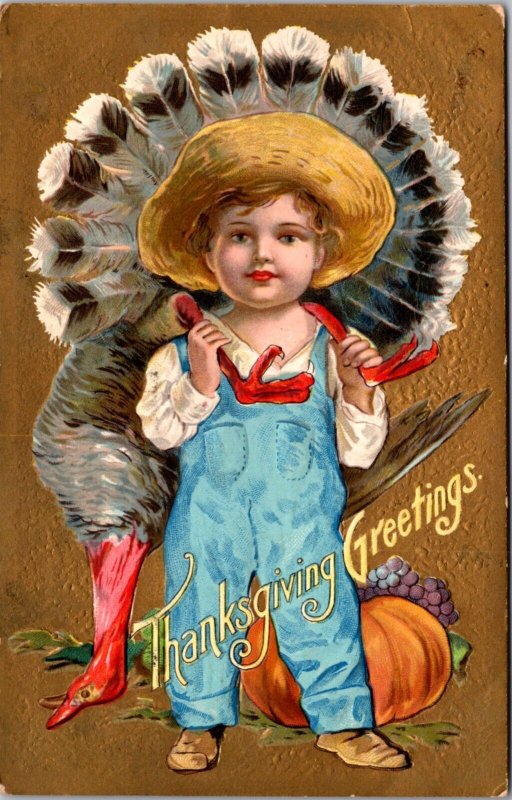 Thanksgiving Postcard Young Boy Dead Turkey Over Shoulders Pumpkin Grapes