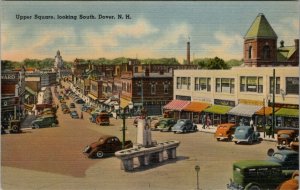Dover New Hampshire Upper Square Looking South Shops Cars NH Linen Postcard W7