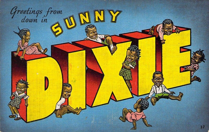 Black Americana, Large Letter, Sunny Dixie, Kids, Old Post Card