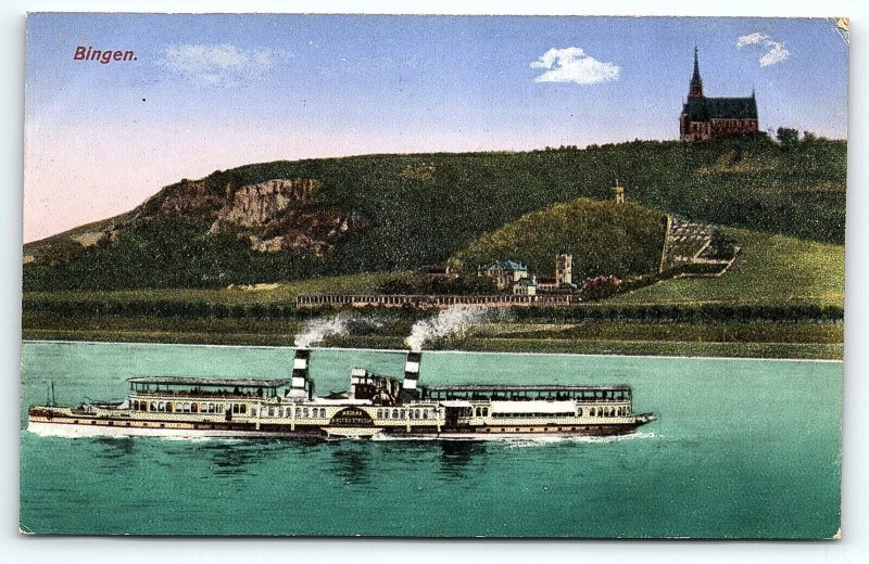 c1910 BINGEN RHINE RIVER GERMANY STEAMSHIP CHURCH ATOP HILL POSTCARD P2774