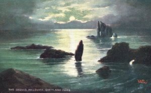 Vintage Postcard The Droncs Hillswick Shetland Isles Moonlit Seas Oilette RT&S