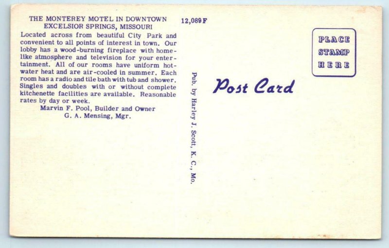 EXCELSIOR SPRINGS, Missouri MO ~ Roadside MONTEREY MOTEL c1940s Linen  Postcard