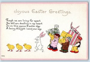 c1910s Easter Greetings Men With Gift Box Lily Flowers Bouquet Embossed Postcard