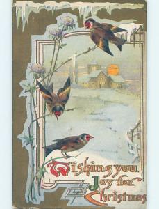 Pre-Linen christmas BROWN BIRDS WITH RED FACES SITTING ON FLOWERS HL0416