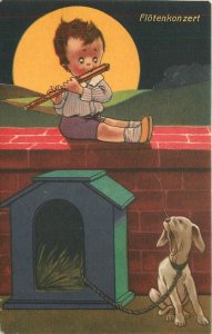 Postcard 1922 Boy flute music Howling dog comic humor artist impression 22-12876