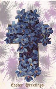 EASTER Greetings  CROSS & PURPLE VIOLETS   c1910's Lightly Embossed Postcard