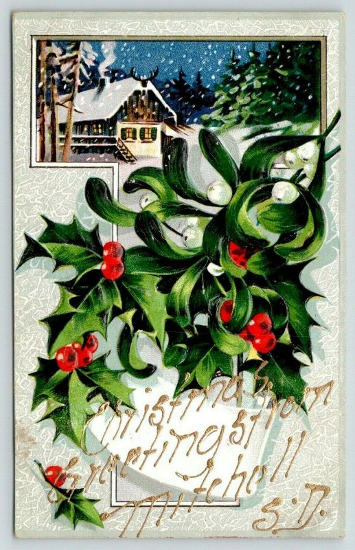 Mitchell South Dakota~Christmas Greetings~Embossed Holly~Snowy Winter Scene~1910