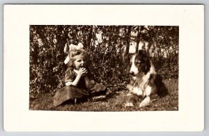 RPPC Little Girl Marjorie Ladd And Her Dog On Lawn Real Photo Postcard P28