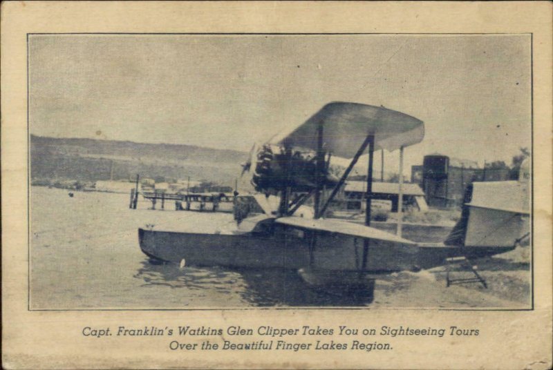 Watkins Glen NY Seaplane Airplane Captain Franklin Finger Lakes Postcard G19